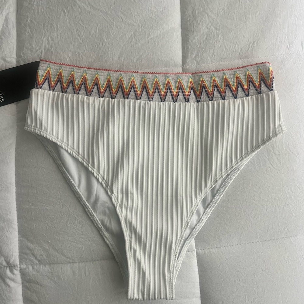 White High-Waisted Bikini Bottoms with Colorful Trim NEW WITH TAGS